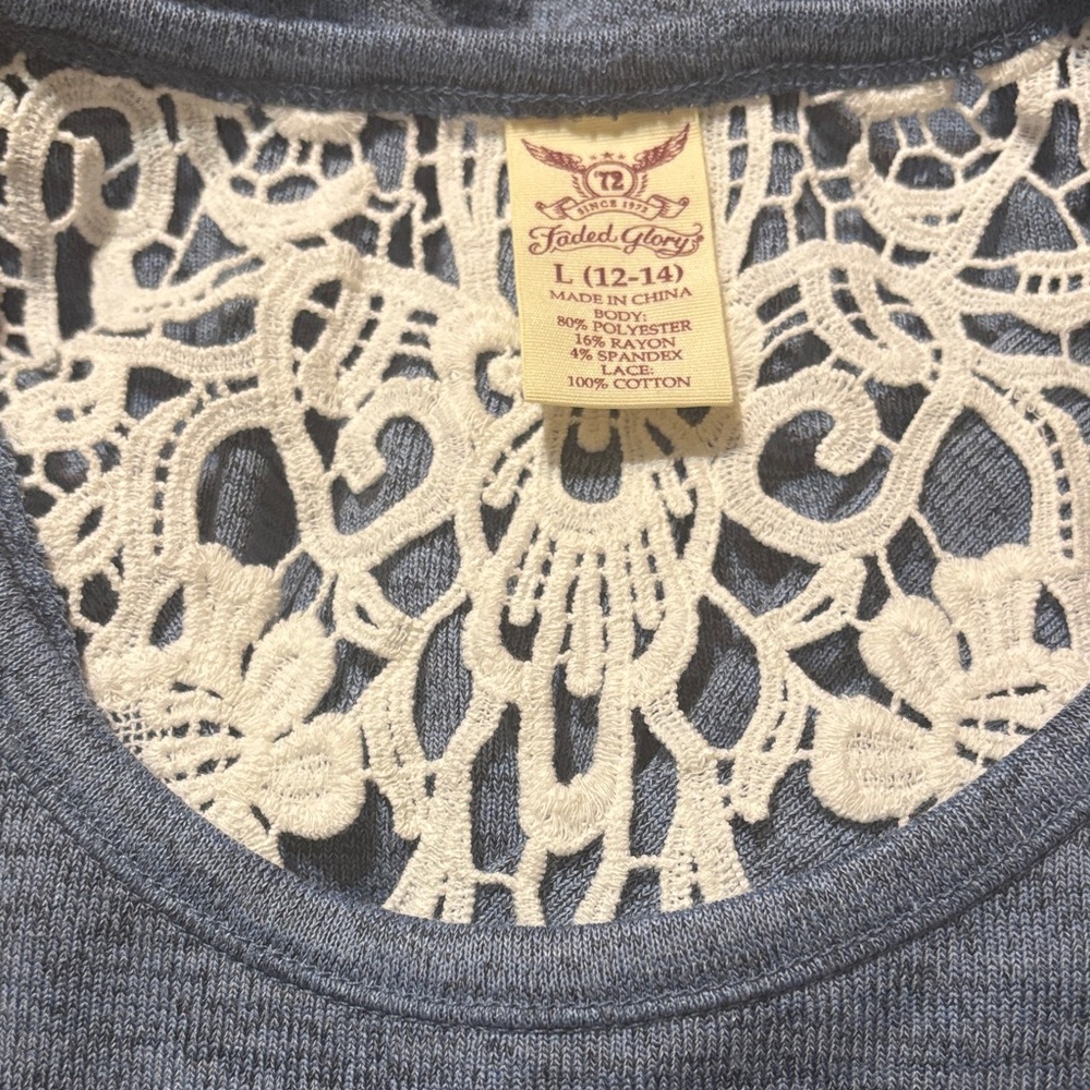 Faded Glory Heathered Blue Long-Sleeve Scoop Neck Top with Lace Back - Picture 7 of 7